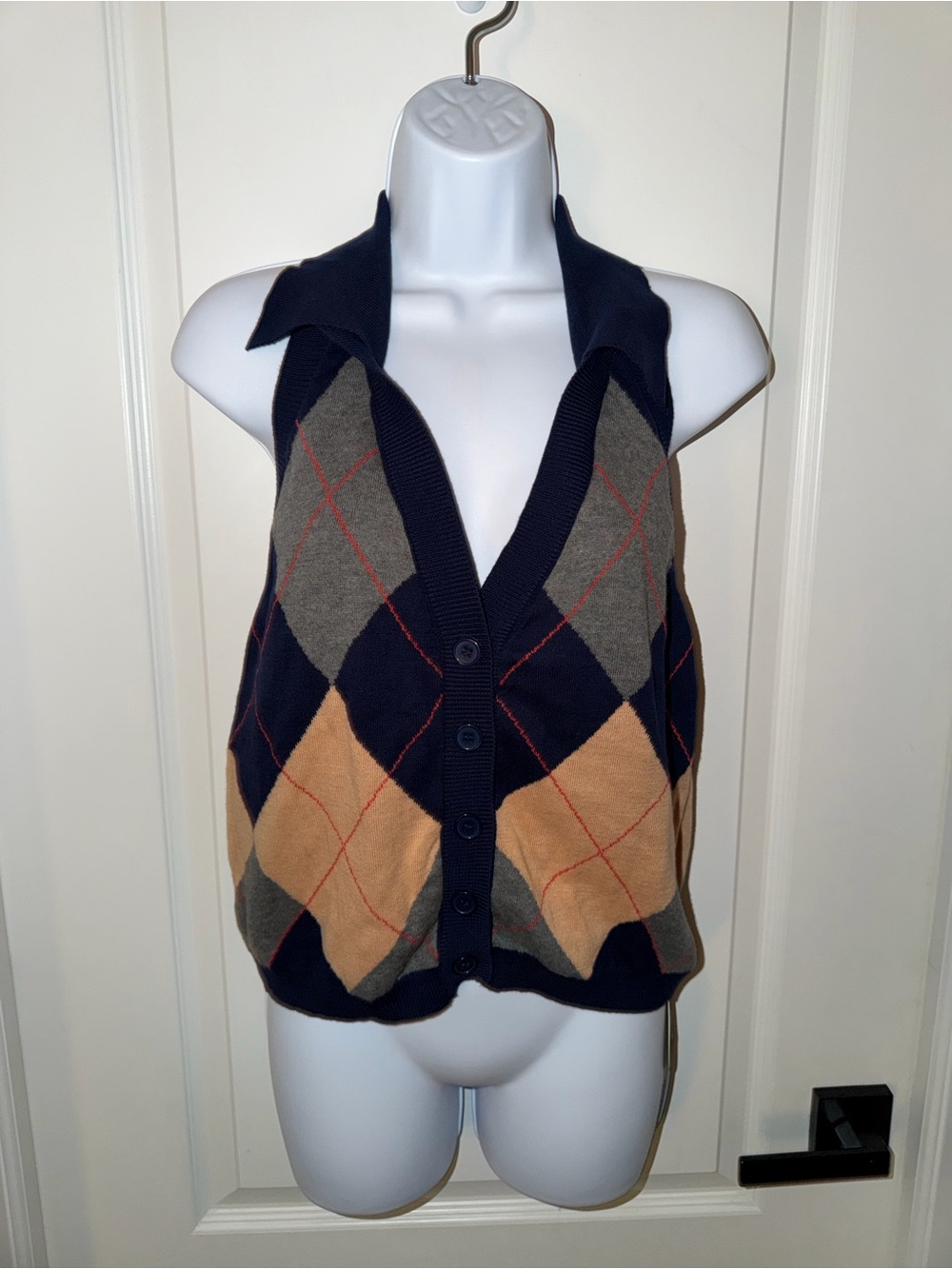OXKNIT Women’s Large Argyle Halter Sweater Vest Navy Tan Retro Y2K Preppy